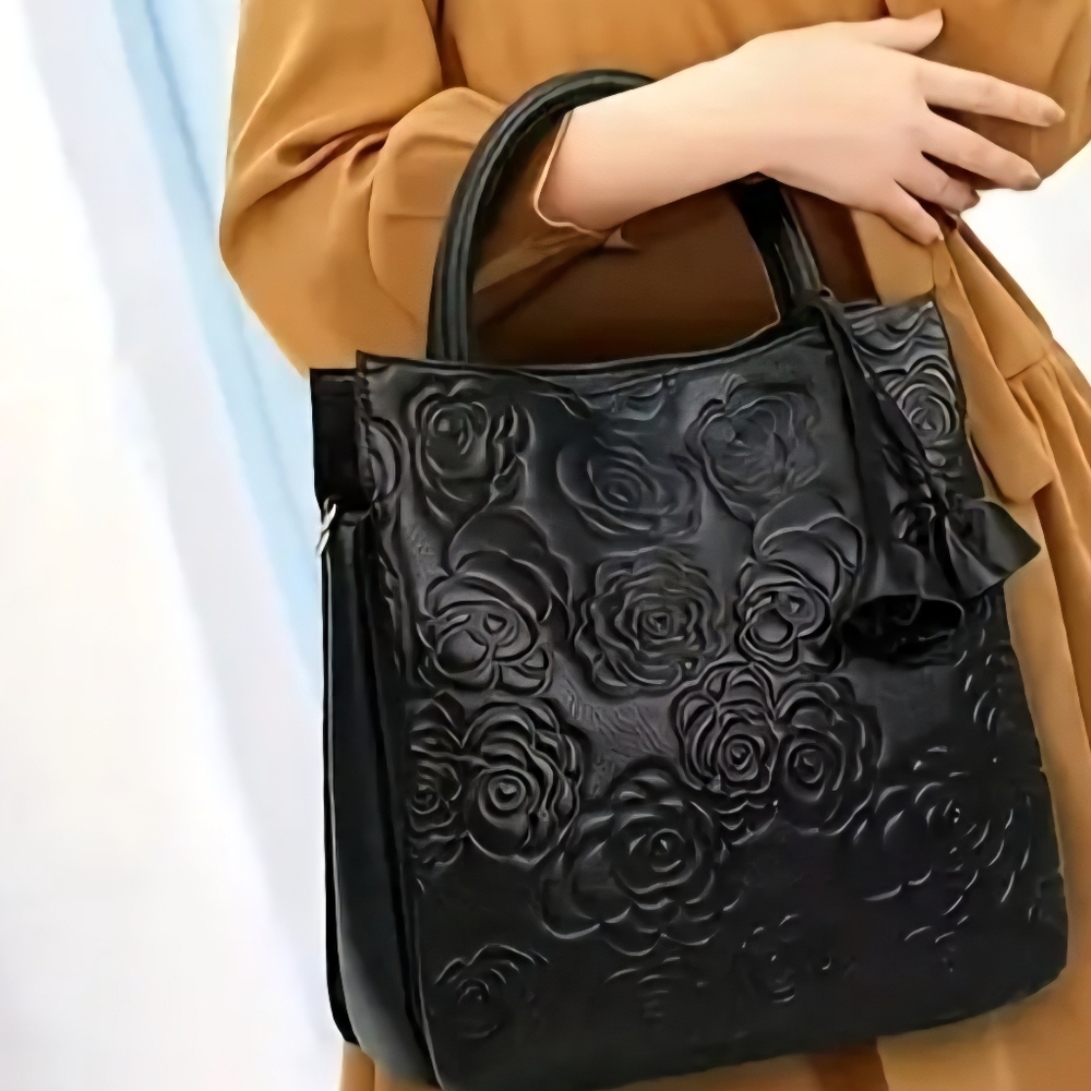 Elegant Black Embossed Floral Tote (NWOT)
